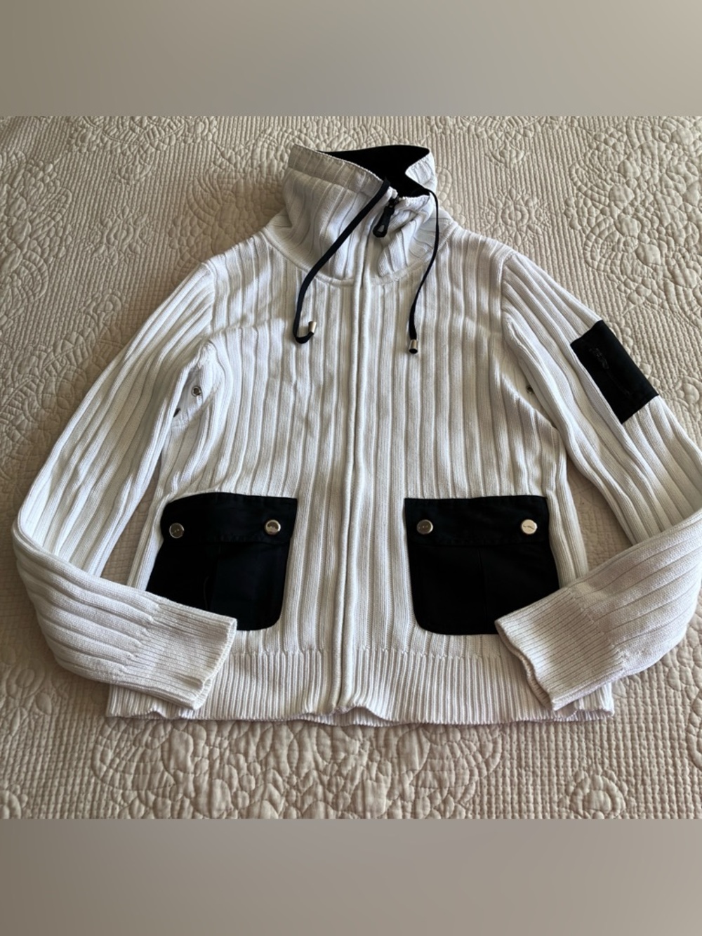 EUC Ralph Lauren white cotton cardigan zipper sweater with black accents